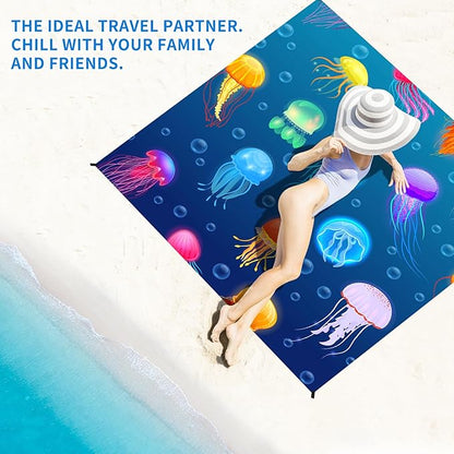 BYDOLL Beach Blanket Jellyfish Sandproof Waterproof 78''×81''1-4 Kids Adults Compact Lightweight Oversized Blanket Large Picnic Mat Beach Blanket for Travel Camping Hiking Picnic