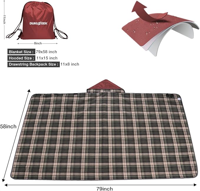 DUKUSEEK Stadium Blanket for All Weather, Waterproof Outdoor Blankets with Hood, Soft Warm Fleece Camping Blanket Windproof for Outdoor Sports, 79"x 59"