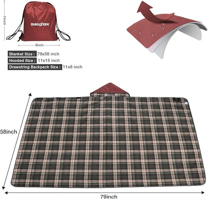 DUKUSEEK Stadium Blanket for All Weather, Waterproof Outdoor Blankets with Hood, Soft Warm Fleece Camping Blanket Windproof for Outdoor Sports, 79"x 59"