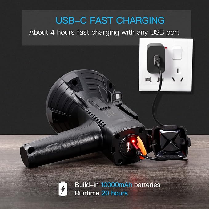 YIERBLUE Rechargeable Spotlight Flashlight 900000 High Lumen with Side Flood Light, IP66 Waterproof Spot Lights 20 Hours Long Lasting, with Foldable Stand and Detachable Red Filter