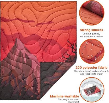 KingCamp Lightweight Camping Blanket - Puffy Printed Warm Camping Quilt with Snap Button - Portable for Travel, Hiking, Stadium, Airplane - 69" x 53" - Rosered