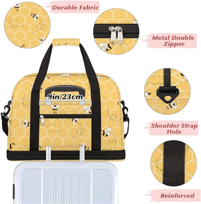 Sports Gym Duffel With Geometric Animal Bees Pattern - Travel Bag With Shoes Compartment, Waterproof Overnight, Workout Weekender for Boys Girls - Yoga Dance Tote for Women Men