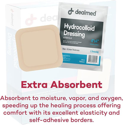 Dealmed Brand Hydrocolloid Dressing 4” x 4” Thin Bandages Wound Care for First Aid Kits Individually Packed (10/Box)