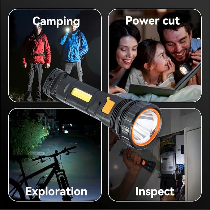 Multifunctional LED Flashlight, Mobile Power Supply for Phone Charging, Long Press to Control Brightness, 1200 lumens, 3 Modes and COB Side Lights, Portable Waterproof Lighting