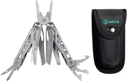 GRITR 13-in-1 Stainless Steel EDC Multitool w/Nylon Sheath - Outdoor Tool w/Needle Nose Pliers, Pocket Knife, Scissors, Bottle Opener, Cutters - Camping Hunting Survival Emergency Gear