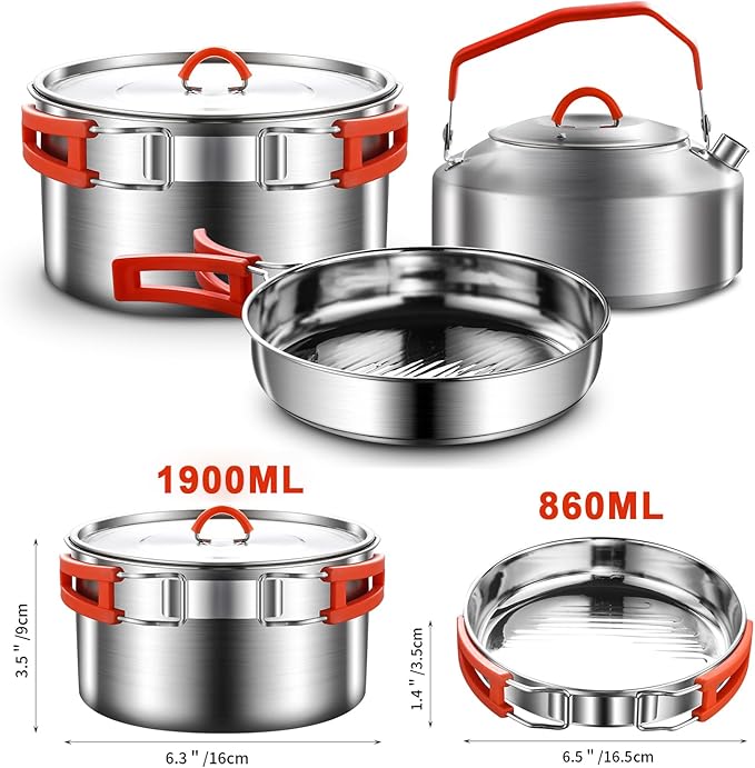 Camping Cooking Set,Camping Cookware Mess Kit,304 Stainless Steel Camping Pot and Pan Set with Kettle Cups Plates Forks Knives Spoons for Camping, Picnic, RVs for 2 People
