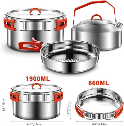 Camping Cooking Set,Camping Cookware Mess Kit,304 Stainless Steel Camping Pot and Pan Set with Kettle Cups Plates Forks Knives Spoons for Camping, Picnic, RVs for 2 People