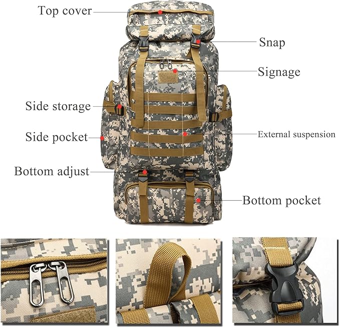 70L Waterproof Hiking Daypack Large Hiking Backpack, Hunting Camping Rucksack Backpack for Men Outdoor Sports Backpack (Urban Camouflage)