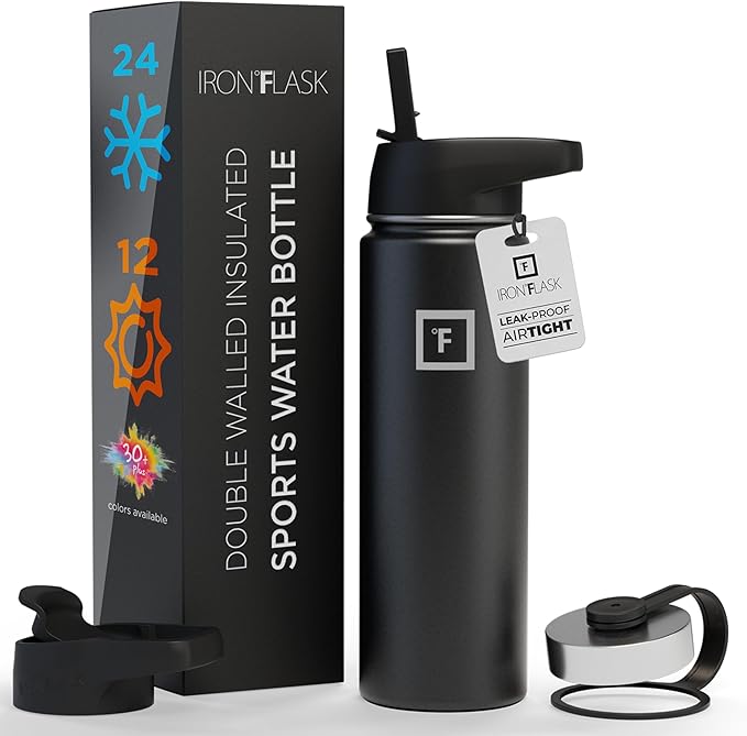 IRON °FLASK Camping & Hiking Hydration Flask, Wide Mouth, 3 Straw Lids, Stainless Steel Outdoor Water Bottle, Double Walled, Insulated Thermos, Metal Canteen - Midnight Black, 40 Oz