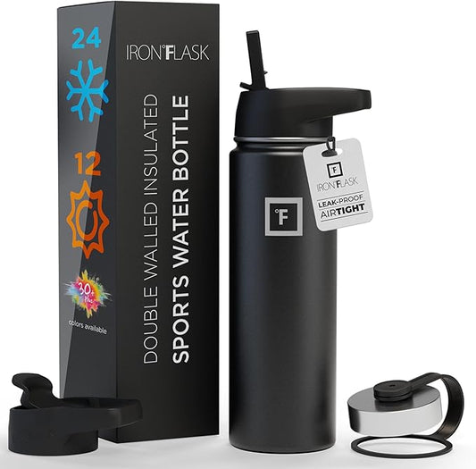 IRON °FLASK Camping & Hiking Hydration Flask, Wide Mouth, 3 Straw Lids, Stainless Steel Outdoor Water Bottle, Double Walled, Insulated Thermos, Metal Canteen - Midnight Black, 40 Oz