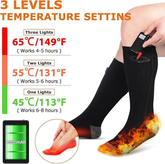 Heated Socks, Rechargeable Electric Socks with 3 Heat Settings, 8 Hours Heating time Winter Foot Warmers with Large Capacity Batteries for Men/Women