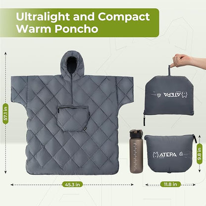 ATEPA Blanket Poncho Hooded Ultralight Water-Resisitant Warm Wearable Blanket Sleeping Bag Coat Cloak Camping Blanket