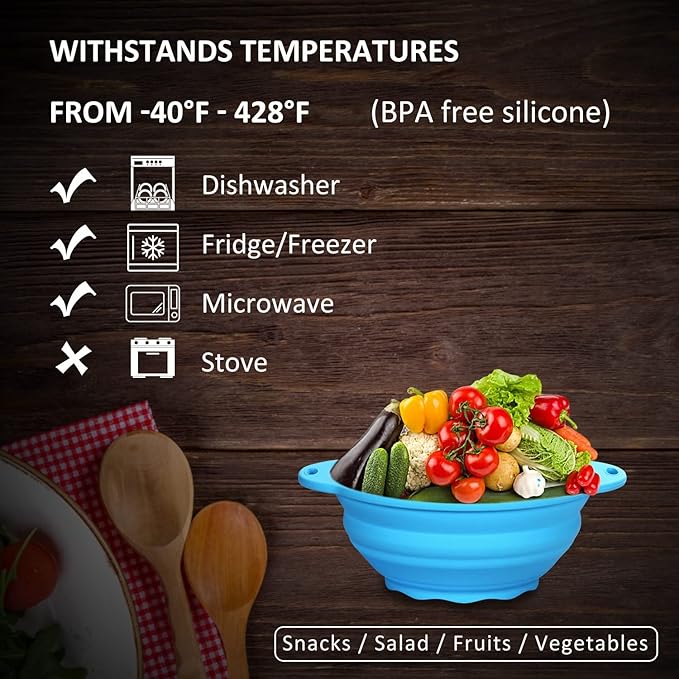 Collapsible SiliconelSalad Bowl 64oz Camping Bowl Outdoor Hiking Travel Durable Bowl for Storage and Mixing Food-Grade Silicone Food Storage Container 1 Pack (Blue)