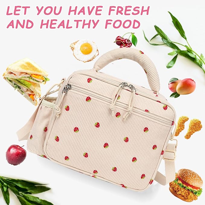 LOIDOU Lunch Box for Kids Girls Cute Corduroy Insulated Lunch Bag Thermal Meal Tote Reusable Lunch Pail Bags for School Travel (Corduroy Strawberry Beige)