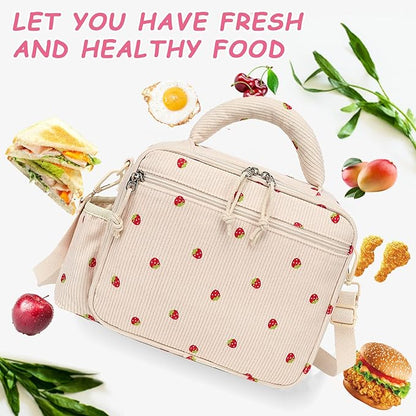 LOIDOU Lunch Box for Kids Girls Cute Corduroy Insulated Lunch Bag Thermal Meal Tote Reusable Lunch Pail Bags for School Travel (Corduroy Strawberry Beige)
