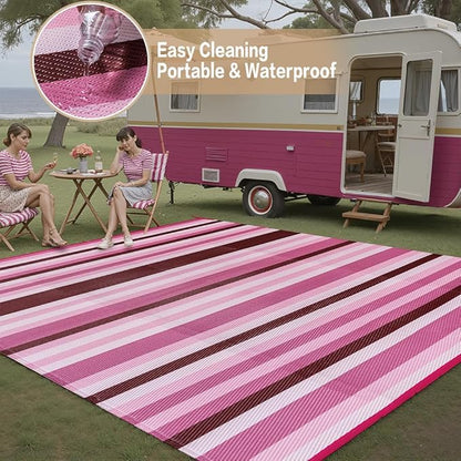 Outdoor Waterproof Rug 8'x10' Plastic Straw Rugs Washable Reversible Floor Mat Pink Stripe Carpet for Camping RV Deck Entryance Porch Picnic Balcony Beach Backyard