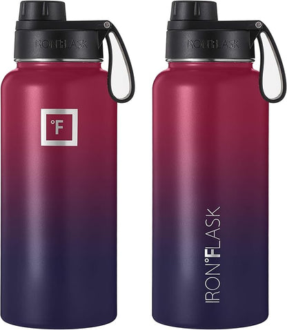 IRON °FLASK Camping & Hiking Hydration Flask, Wide Mouth, 3 Spout Lids, Stainless Steel Outdoor Water Bottle, Double Walled, Insulated Thermos, Metal Canteen - Dark Rainbow, 32 Oz