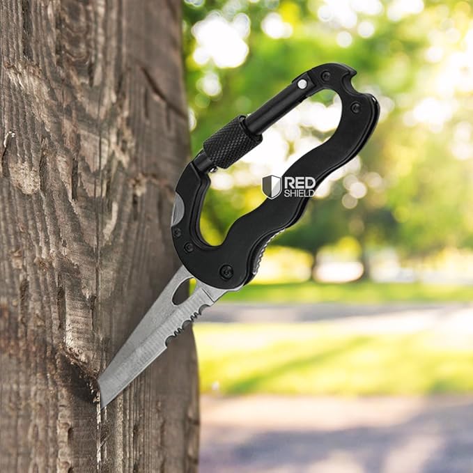 5-in-1 Survival Tool Keychain. Multitool Includes Slotted & Phillips Screwdriver, Bottle Opener, Blade Carabiner Aluminum Frame, Stainless Steel Locking Liner & Latch. Hang Keys.