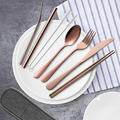 Portable Utensils Set,Reusable Travel Cutlery Set with Case Stainless Steel Flatware Set for Camping 8pcs Including Dinner Knife Fork Spoon Chopsticks Boba Straw (Rose gold)
