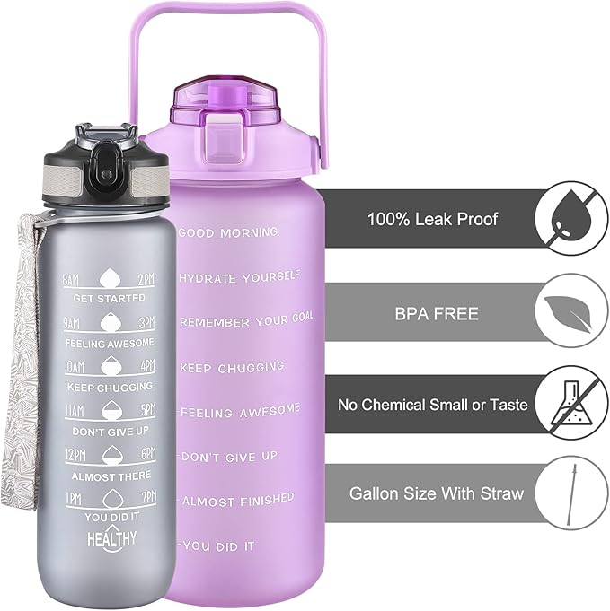 2 Pack Water Bottles 64 Oz + 27 Oz, Sport Water Bottle with Straw & Time Marking,Gym Drinks Bottle, Half Gallon Motivational Water Jug for Women, BPA Free