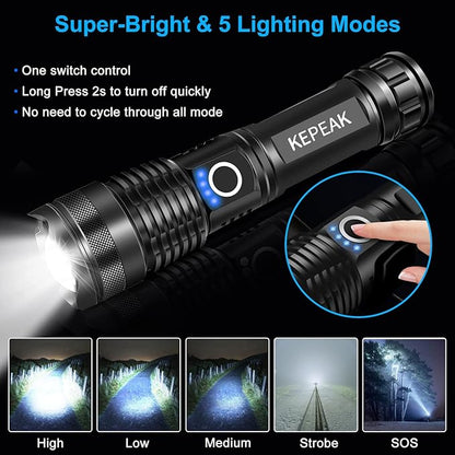 KEPEAK Flashlight, Rechargeable 5000 High Lumen Tactical Handheld Waterproof Zoomable LED Flashlight with 5 Light Modes for Emergency, Camping and Hiking