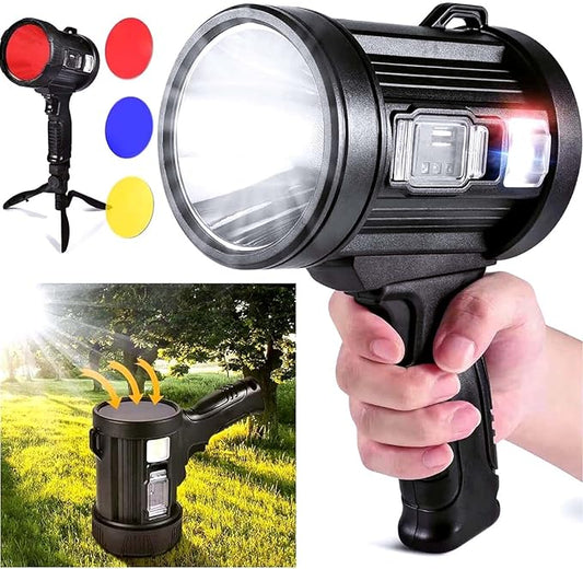 Rechargeable Spotlight,1000000LM Spotlight Flashlight with 6 Modes, IP65 Waterproof Spot Light with COB Light and Solar Panels, Handheld Spotlight Rechargeable for Hunting Boating Camping