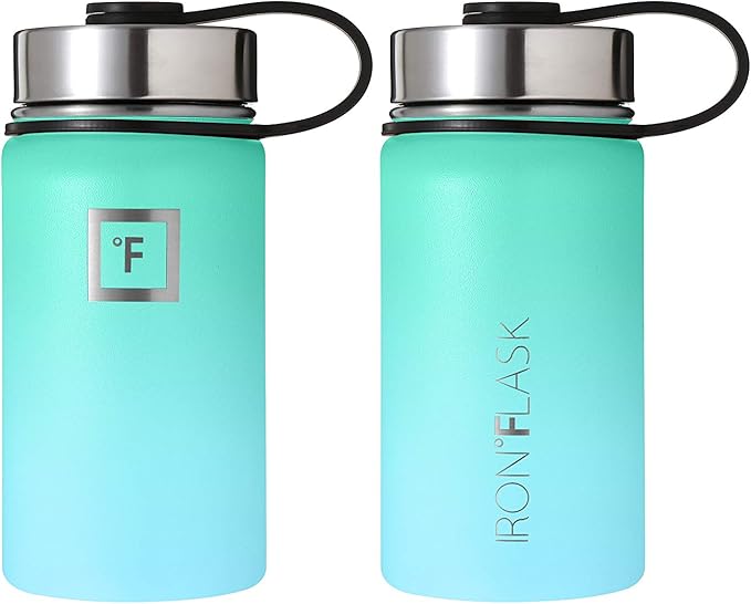IRON °FLASK Camping & Hiking Hydration Flask, Wide Mouth, 3 Straw Lids, Stainless Steel Outdoor Water Bottle, Double Walled, Insulated Thermos, Metal Canteen - Sky, 14 Oz