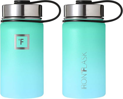 IRON °FLASK Camping & Hiking Hydration Flask, Wide Mouth, 3 Straw Lids, Stainless Steel Outdoor Water Bottle, Double Walled, Insulated Thermos, Metal Canteen - Sky, 14 Oz