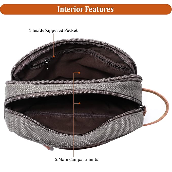 Mactso Mens Travel Toiletry Bag Canvas Leather Cosmetic Makeup Organizer Shaving Dopp Kits with Double Compartments (Gray)