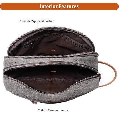 Mactso Mens Travel Toiletry Bag Canvas Leather Cosmetic Makeup Organizer Shaving Dopp Kits with Double Compartments (Gray)