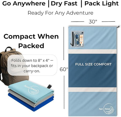 Go Anywhere Towel with Waterproof Phone Pouch - Quick Dry, Sand Free, Compact Beach Towel for Pool, Boat, Travel, Camping, Hiking & Outdoor Adventures (Blue)