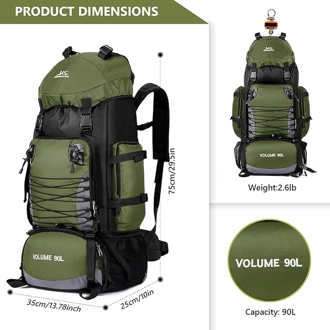 90L Hiking Backpack, Waterproof Camping Bag with Rain Cover, Lightweight Backpacking Back Pack - No Frame (Army Green)