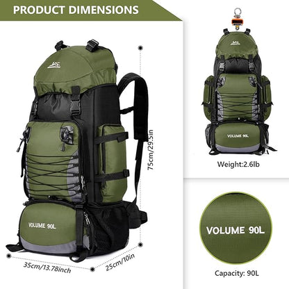 90L Hiking Backpack, Waterproof Camping Bag with Rain Cover, Lightweight Backpacking Back Pack - No Frame (Army Green)