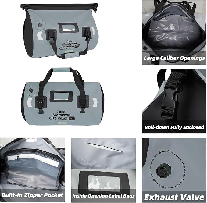 Waterproof Duffel Bag for Men/Women, Roll-top Dry Backpack Duffel Bag with Quick-fixed Straps, Motorcycle Tail Saddle Bag for Motorcycling, Rafting, Boating, Kayaking, Travel, 66L-Grey