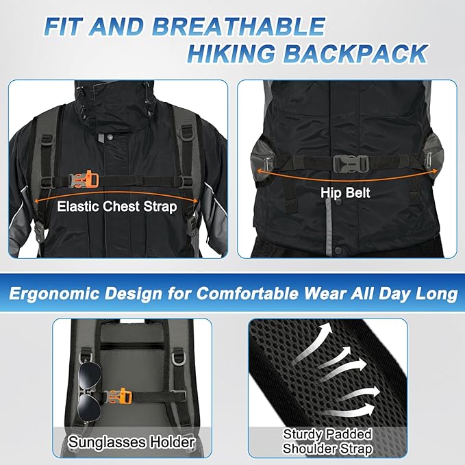 BKNOOU 40L Lightweight Hiking Backpack Packable Camping Backpack Waterproof Hiking Daypack Men Women Foldable Travel Daypack