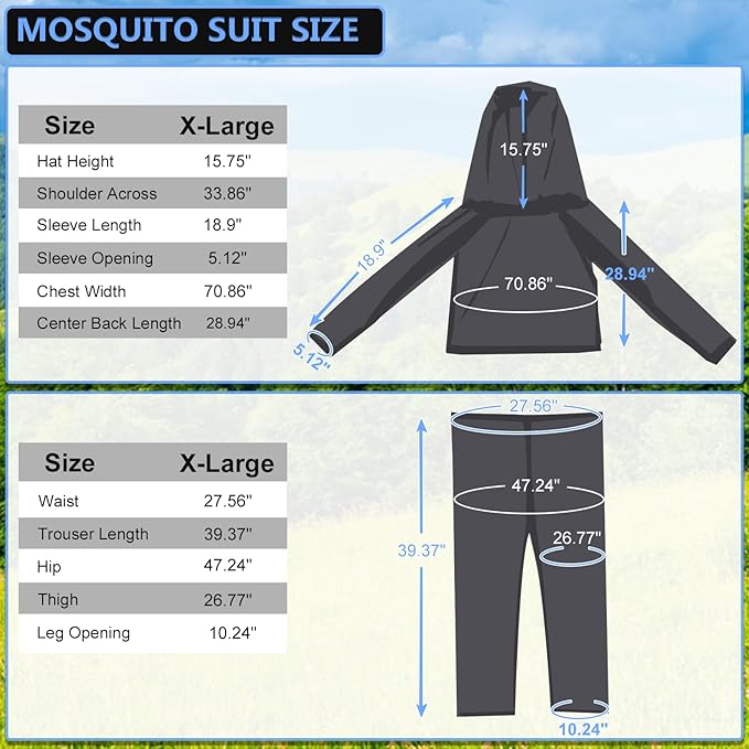 Mosquito Suit - Net Bug Pants & Jacket with Hood - Mesh Bug Suit for Outdoor Protection from Bugs, Flies, Gnats, No-See-Ums & Midges - Mosquito Clothing for Men & Women with Carrybag, XL Size
