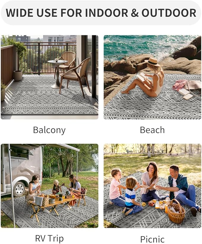 MontVoo Outdoor Rug Carpet Waterproof 9x12 Outdoor Patio Rug Mat Reverisble Plastic Straw Outdoor Rug for RV Camping Picnic Beach Balcony Boho Grey Large