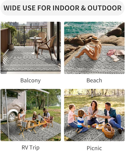 MontVoo Outdoor Rug Carpet Waterproof 9x12 Outdoor Patio Rug Mat Reverisble Plastic Straw Outdoor Rug for RV Camping Picnic Beach Balcony Boho Grey Large