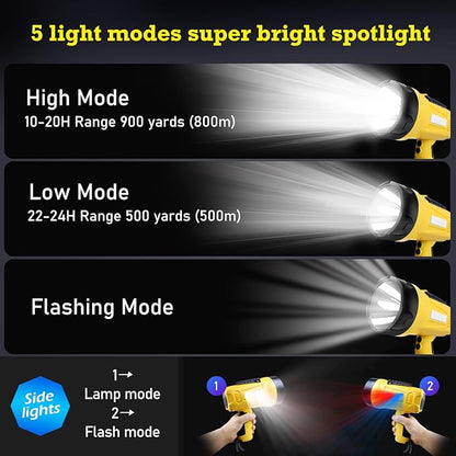 10000 Lumen Rechargeable Ultra Bright LED Spotlight Flashlight, High Powered Work Light + Collapsible Tripod - Perfect for Camping, Hiking, Hunting, Emergencies & Outdoors