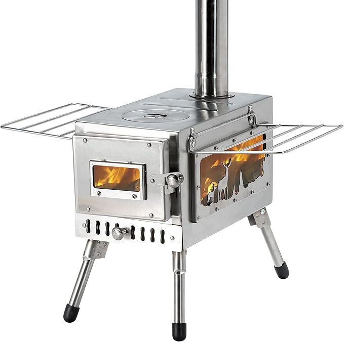 Outdoor Camping Stove Camp Tent Stove, Portable Wood Burning Stove with Chimney Pipe for Tent, Shelter, Camping Heating and Cooking (Pipe Diameter: 2.36")