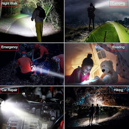 Rechargeable LED Tactical FLashlight 8000 High Lumens, Super Bright LED Flashlight with Power Display, Zoomable, COB Work Light,Waterproof,5 Modes,Powerful Handheld Flashlight for Camping 2 Pack