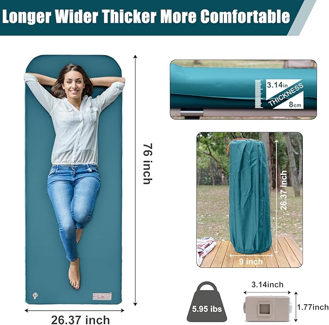 Self Inflating Sleeping Pad with Electric Pump,3.14"Thick Memory Foam Sleeping Mats for Camping,Easy Inflate&Deflate,9.5 R-Value Insulated Camping Mattress with Pillow for Car Travel Tent,Peacock-Blue