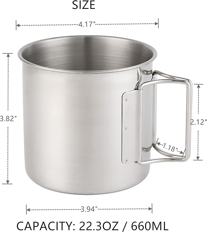 Stainless Steel Camping Mugs Outdoors Cup with Foldable Handle 2 Piece Set 660ml/22.3oz Great for Backpacking , Hiking, Hunting, Fishing and Survival Adventure