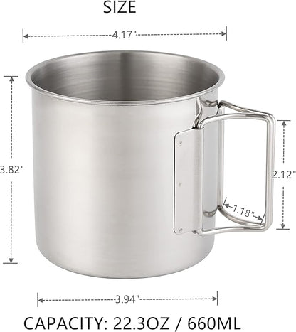 Stainless Steel Camping Mugs Outdoors Cup with Foldable Handle 2 Piece Set 660ml/22.3oz Great for Backpacking , Hiking, Hunting, Fishing and Survival Adventure