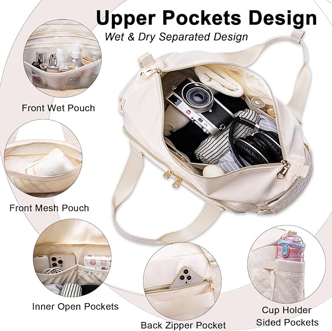 Weitars Gym Bag For Women,Travel Duffel Bag Weekender Bag,Sport Bag With Shoes Compartment And Wet Pocket,Large Carry On Bag Overnight Hospital Bag For Travel,Shopping (Beige)