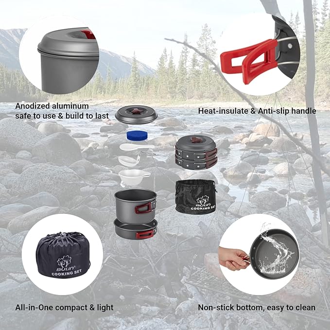 Bulin 24/13/11/8/4 PCS Camping Cookware Mess Kit Lightweight Backpacking Cooking Set Outdoor Cook Gear for Family Hiking, Picnic(Kettle, Pot, Frying Pan, Bowls, Plates, Spoon)
