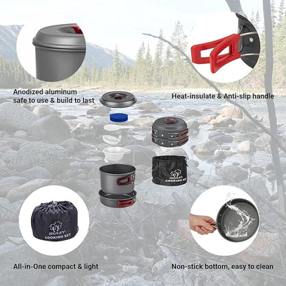 Bulin 24/13/11/8/4 PCS Camping Cookware Mess Kit Lightweight Backpacking Cooking Set Outdoor Cook Gear for Family Hiking, Picnic(Kettle, Pot, Frying Pan, Bowls, Plates, Spoon)