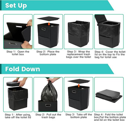 PORMYTRIP Portable Toilet Camping Toilet Foldable Toilet for Car Indoor Outdoor Commode Travel Toilet Portable Toilet for Camping,Tent,Hiking,Boating,Long Road Trips,Traffic jam,Home X-Large Black