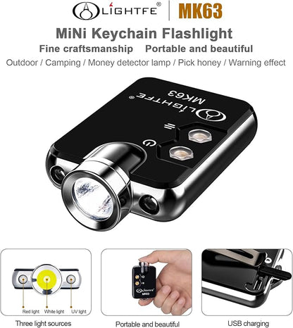 LIGHTFE Mini Key-chain Flashlight MK63 for EDC Flashlight, Camping Flashlight, Emergency Light Designs to Max. 300LM Brightness, 3 Colors LED Lamp