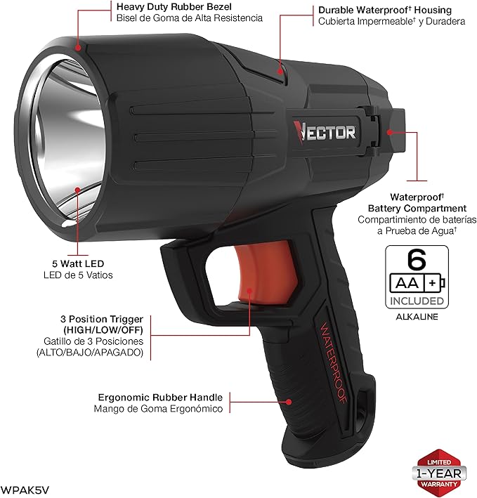 VECTOR LED Flashlight Spotlight, WPAK5V, Waterproof, 800 Lumens, Long Distance Light Beam, 6 AA Batteries Included